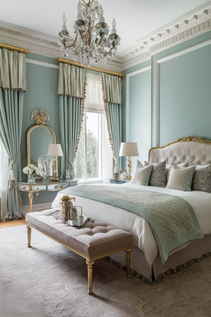 “floor length elegant drapes, soft pastel colors, glamorous bedroom”