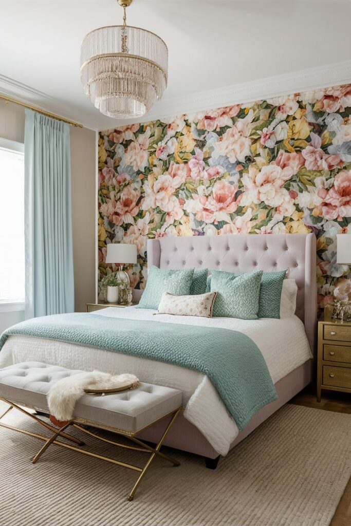 “floral accent wall behind bed, soft pastel colors, elegant bedroom”