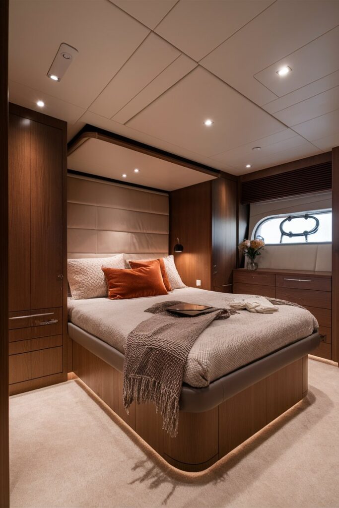 “fold-down wall bed in yacht cabin, modern compact design, multifunctional furniture”
