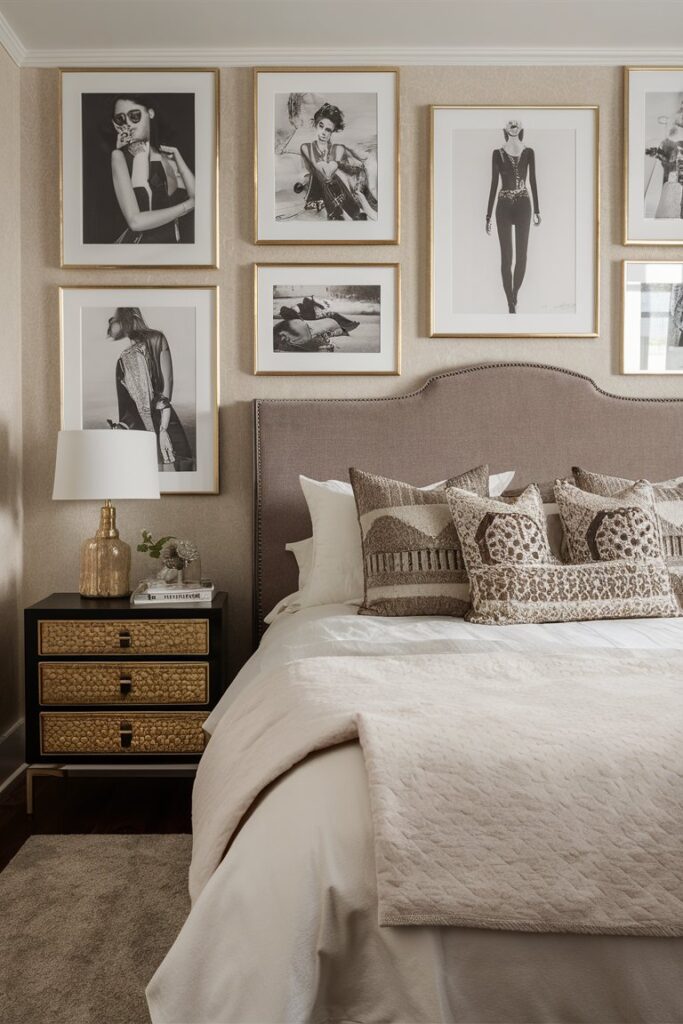 “gallery wall with fashion prints and gold frames, elegant bedroom”