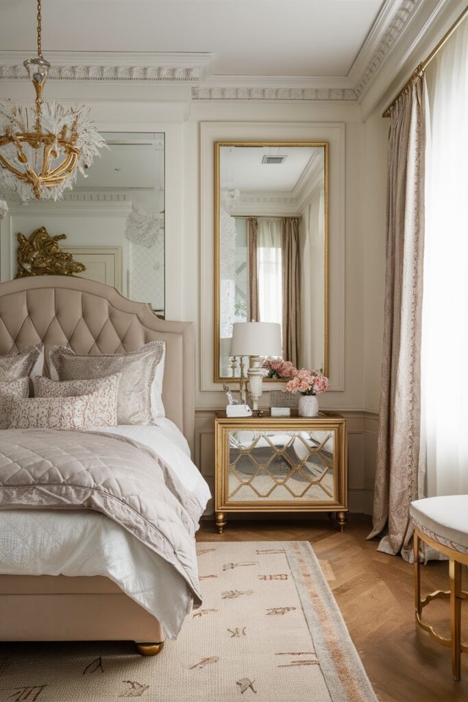 “large gold framed mirror in elegant bedroom, classic feminine decor”