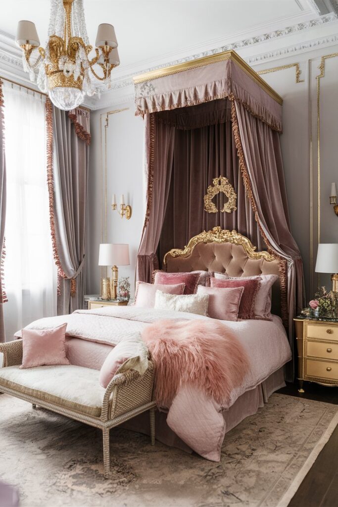 “luxurious canopy bed with deep velvet curtains, soft pastel bedding, gold accents, glamorous feminine bedroom, Parisian style, soft lighting”