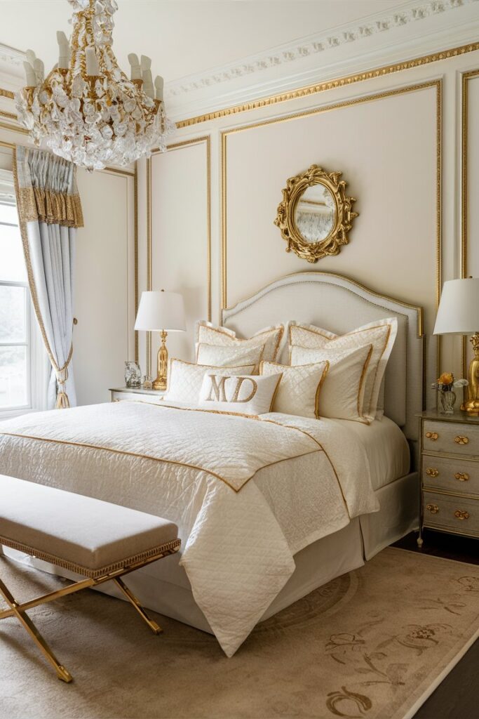 “luxury monogrammed bedding in cream and gold, elegant classic bedroom”