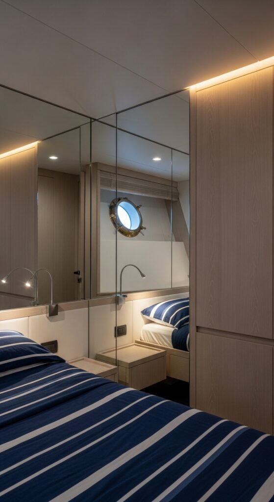 “mirror panels in yacht bedroom, small space illusion, modern nautical style”