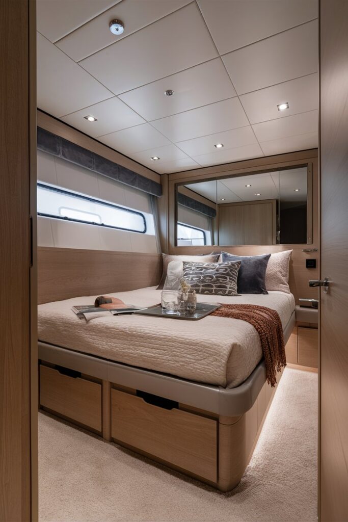 “modern yacht bedroom with under-bed storage drawers, compact luxury cabin, neutral tones, nautical style”
