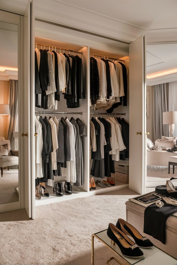 “open closet with organized clothes, elegant dressing room style”