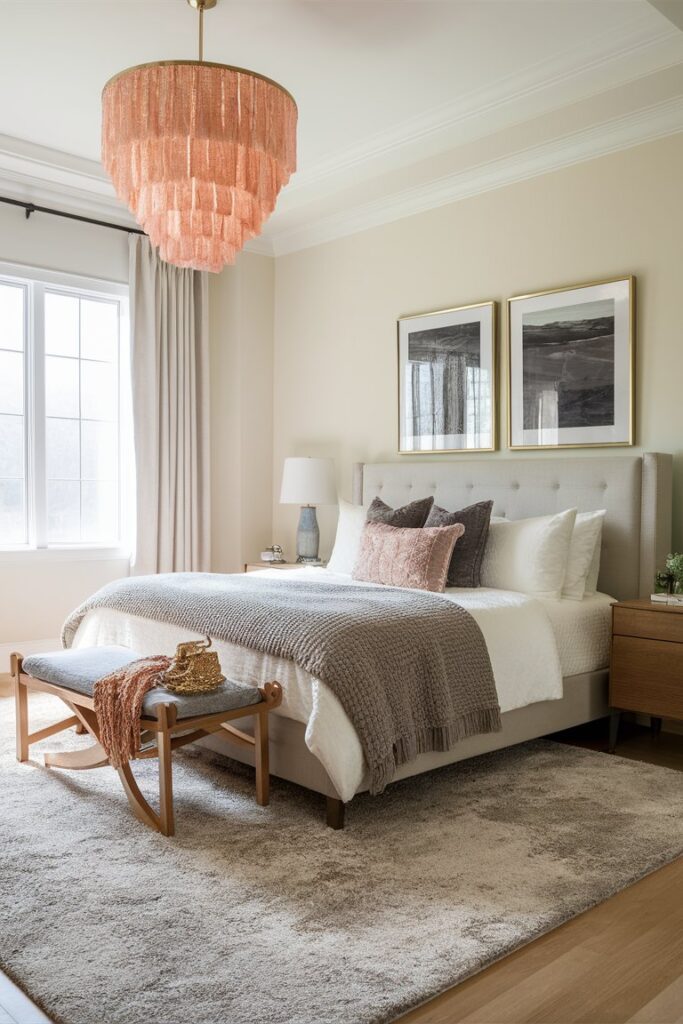 “plush statement area rug in elegant bedroom, soft textures”