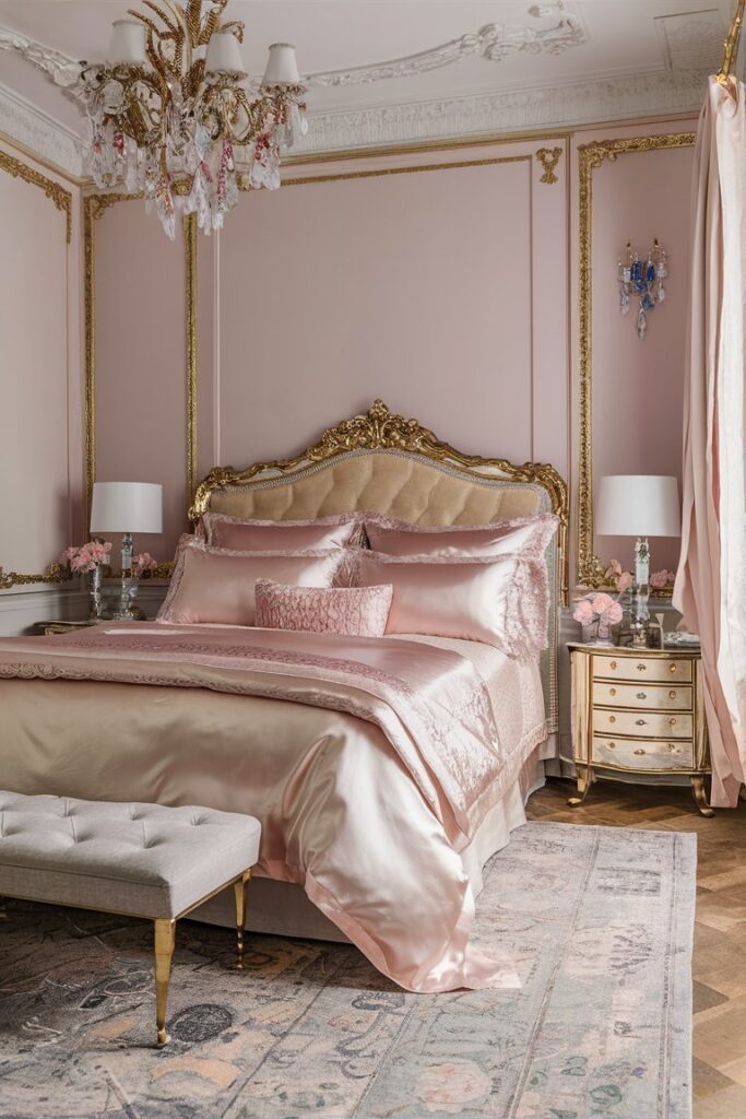 “silk and satin bedding layers, soft pastel tones, glamorous feminine bedroom”