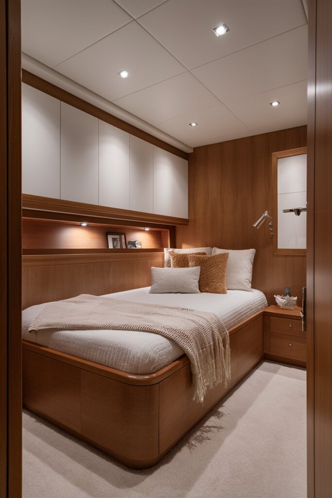 “sleek yacht bedroom with built-in wall cabinets, white and wood finishes, compact luxury cabin”