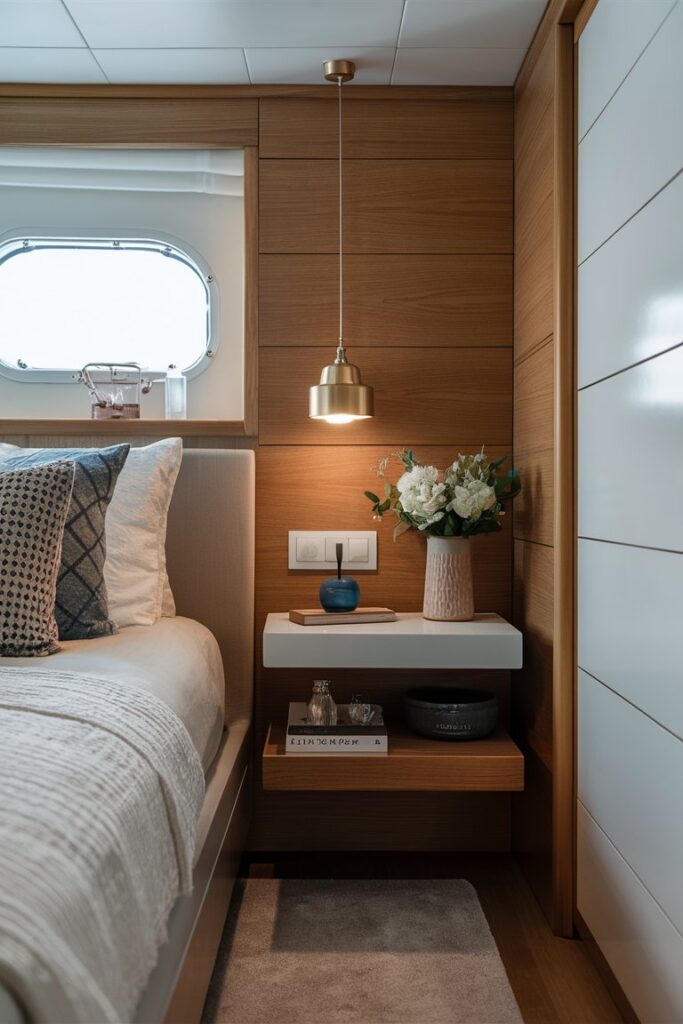 “small floating nightstand shelf in yacht bedroom, minimalist nautical decor”