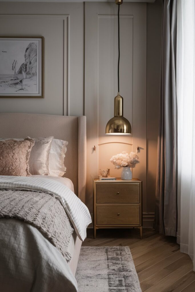 “soft warm bedside lighting in elegant feminine bedroom”