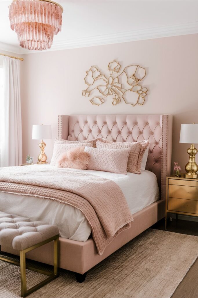 “tufted upholstered headboard in soft blush, elegant bedding, chic feminine bedroom, gold bedside lamps”