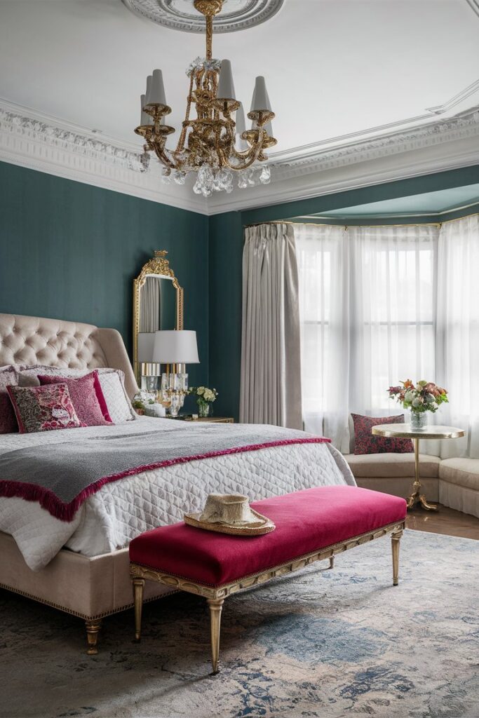 “velvet bench at foot of bed, glamorous bedroom”