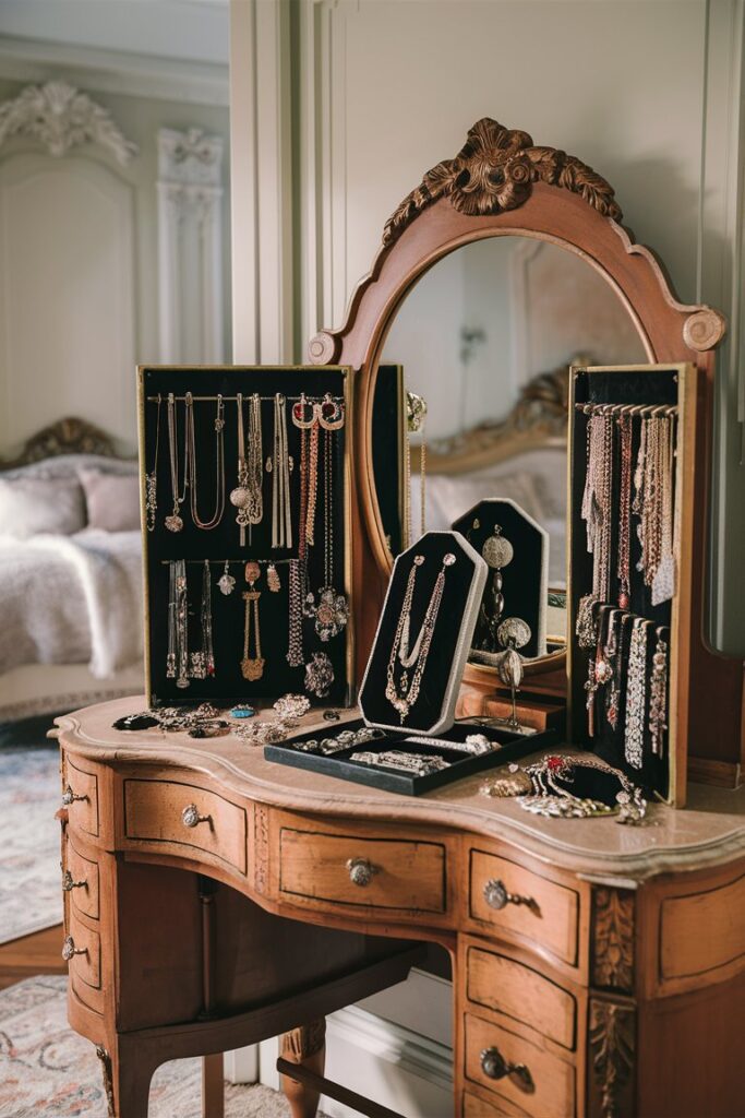 “vintage jewelry organizer on vanity, elegant bedroom decor”