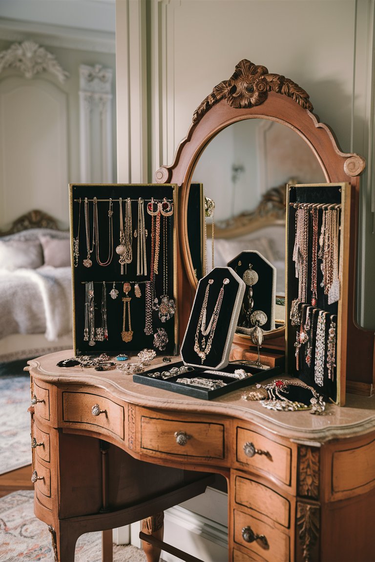 “vintage jewelry organizer on vanity, elegant bedroom decor”