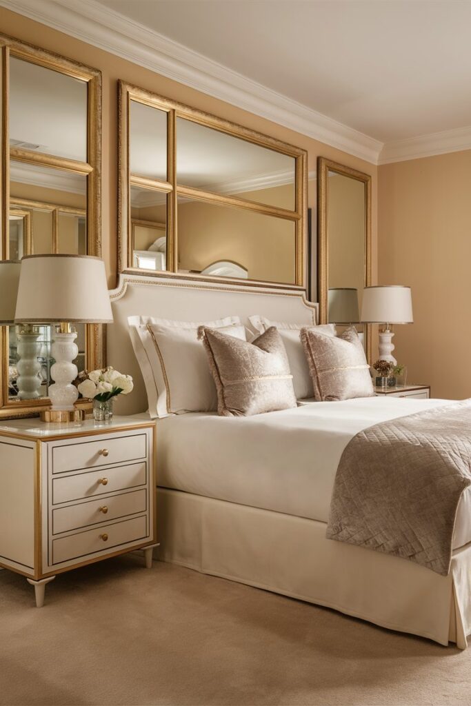 “white nightstands with gold trim, elegant bedroom setup”