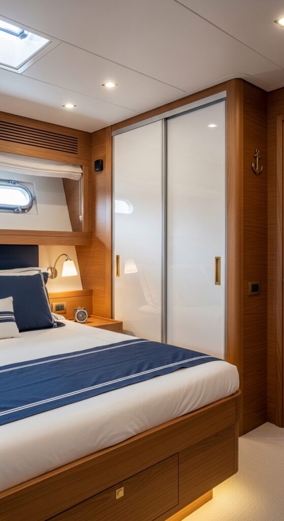 “yacht bedroom with sliding wardrobe doors, sleek compact storage, modern nautical style”