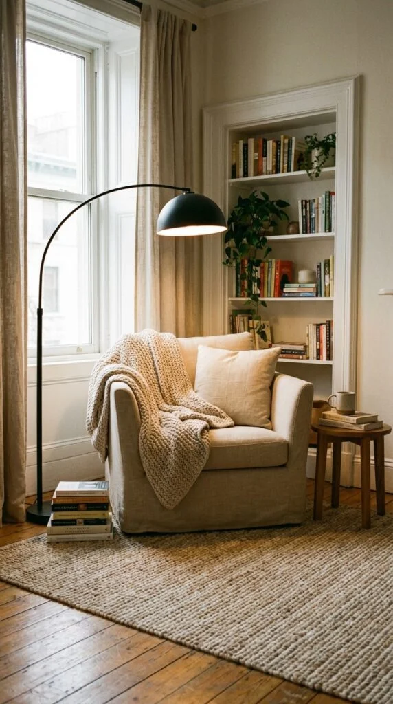 11. Beige Armchair with Black Floor Lamp