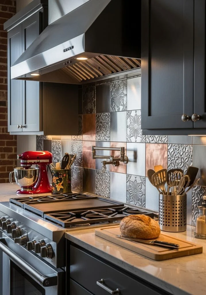 12. Industrial Metal Tile Backsplash