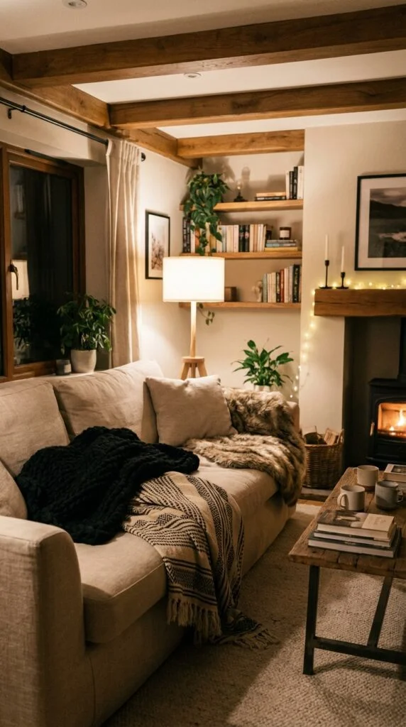 16. Black and Beige Throw Blanket Layering