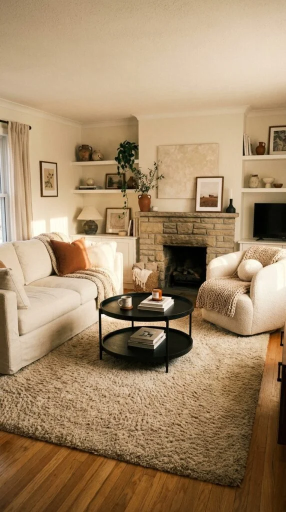 18. Beige Shag Rug with Black Furniture