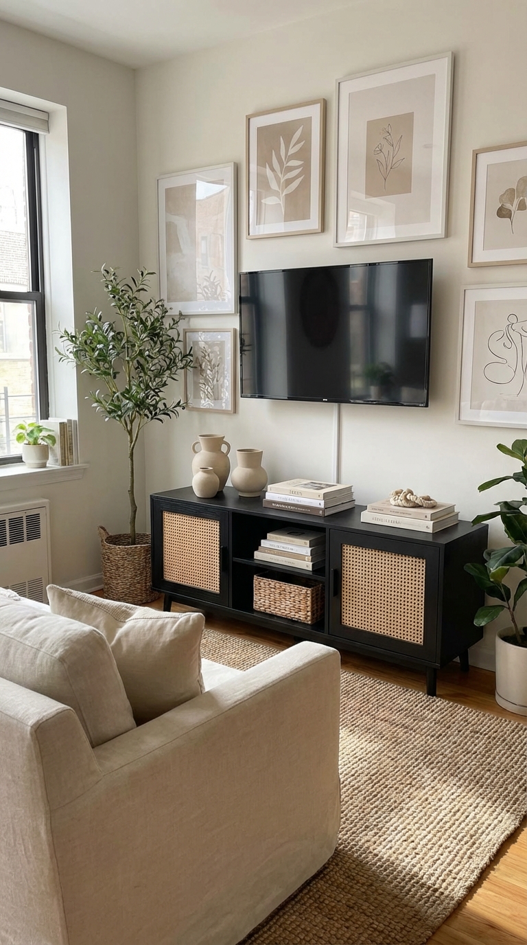 19. Black Media Console with Beige Styling