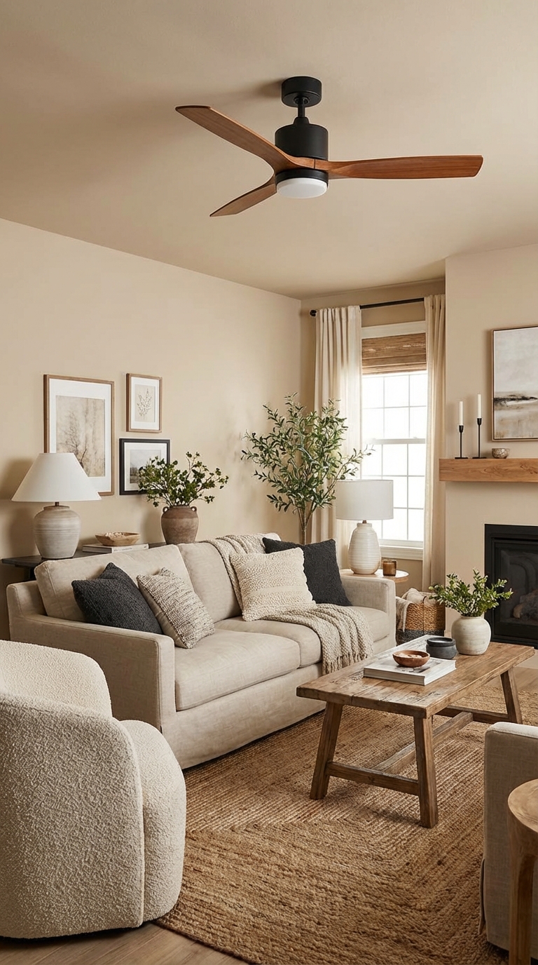 20. Beige Walls with Black Ceiling Fan