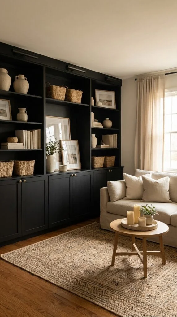 23. Black Built-In Cabinets with Beige Accents