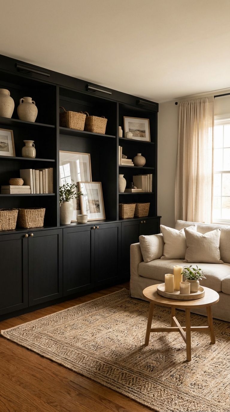 23. Black Built-In Cabinets with Beige Accents