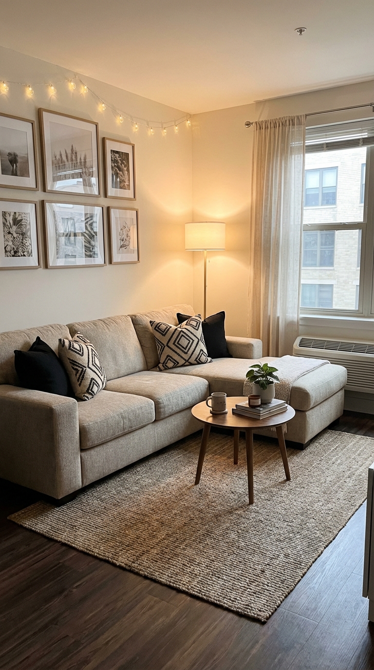 5. Cozy Beige Sectional with Black Throw Pillows