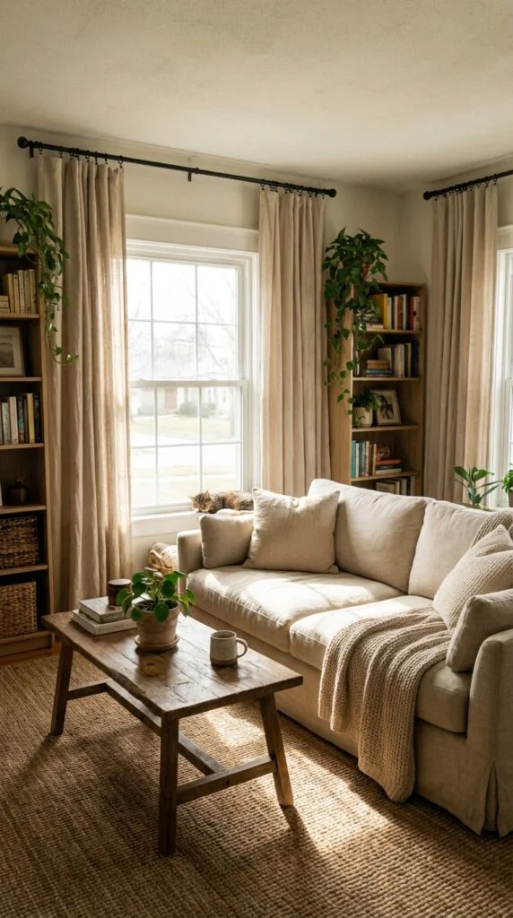 7. Beige Curtains with Black Curtain Rods