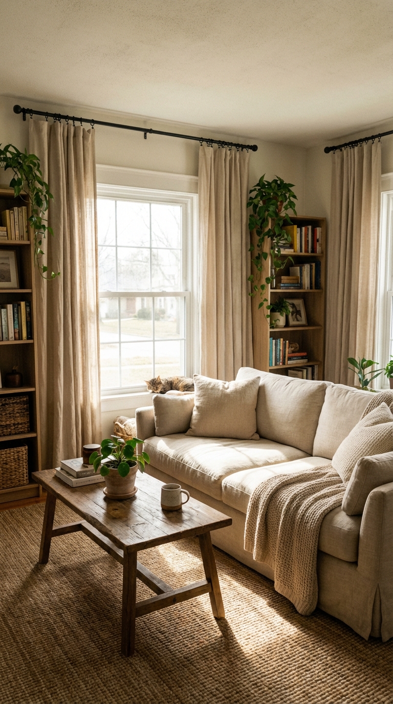 7. Beige Curtains with Black Curtain Rods