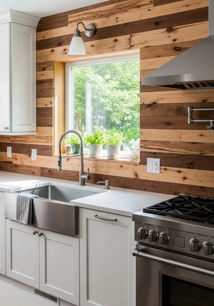 8. Natural Wood Plank Backsplash
