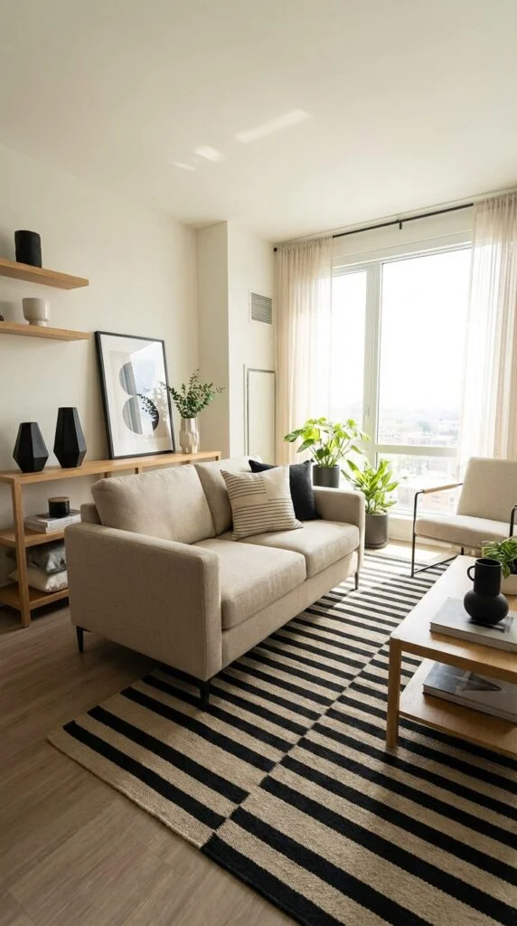 9. Black and Beige Striped Rug for Visual Depth