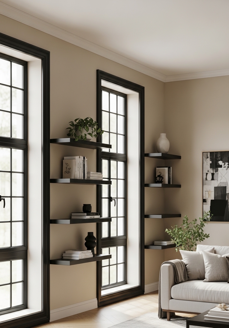 Image Prompt Beige living room walls with black window trim, black shelves, cozy sofa, layered textiles, soft daylight, small apartment interior