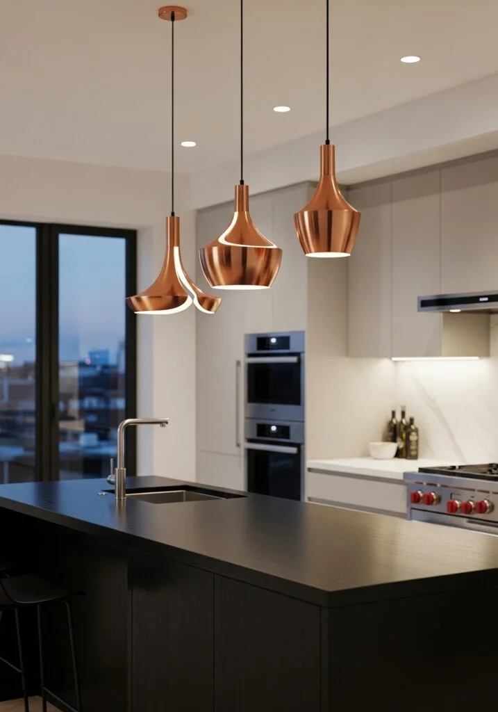 Black Island with Copper Pendant Lighting