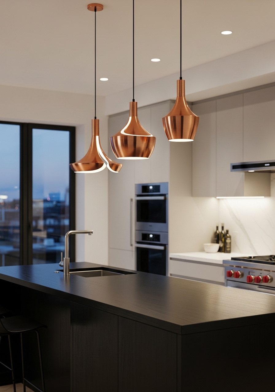 Black Island with Copper Pendant Lighting