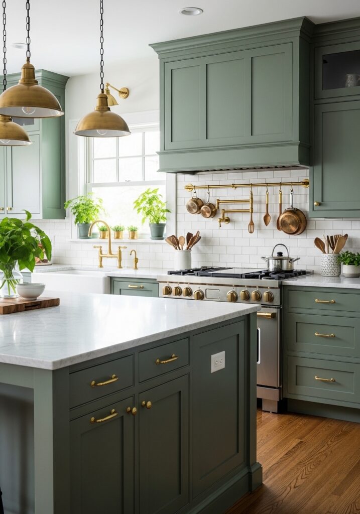 Brass Fixtures with Green Cabinets