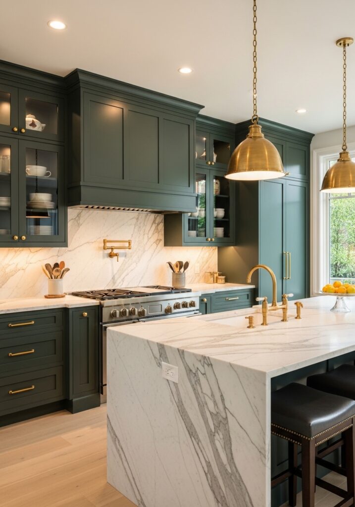Dark Green Cabinets with Marble Countertops