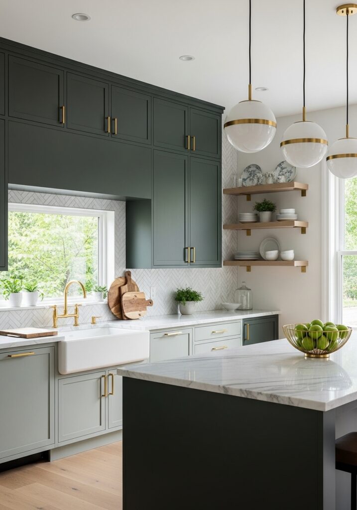 Forest Green Cabinets with Gold Hardware
