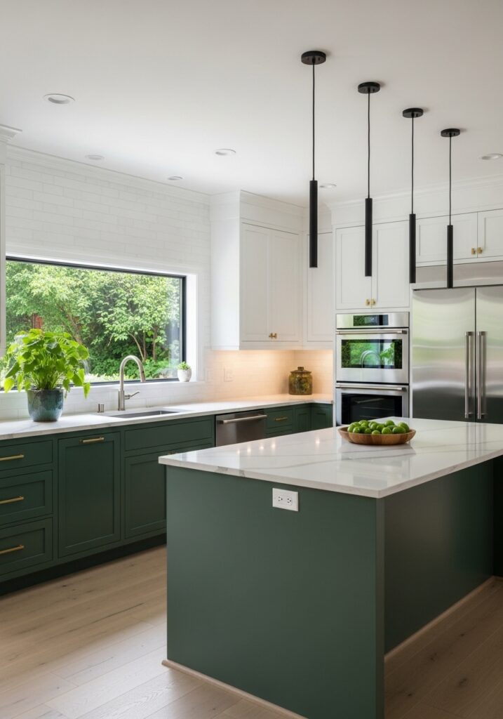 Forest Green and White Contrast Kitchen