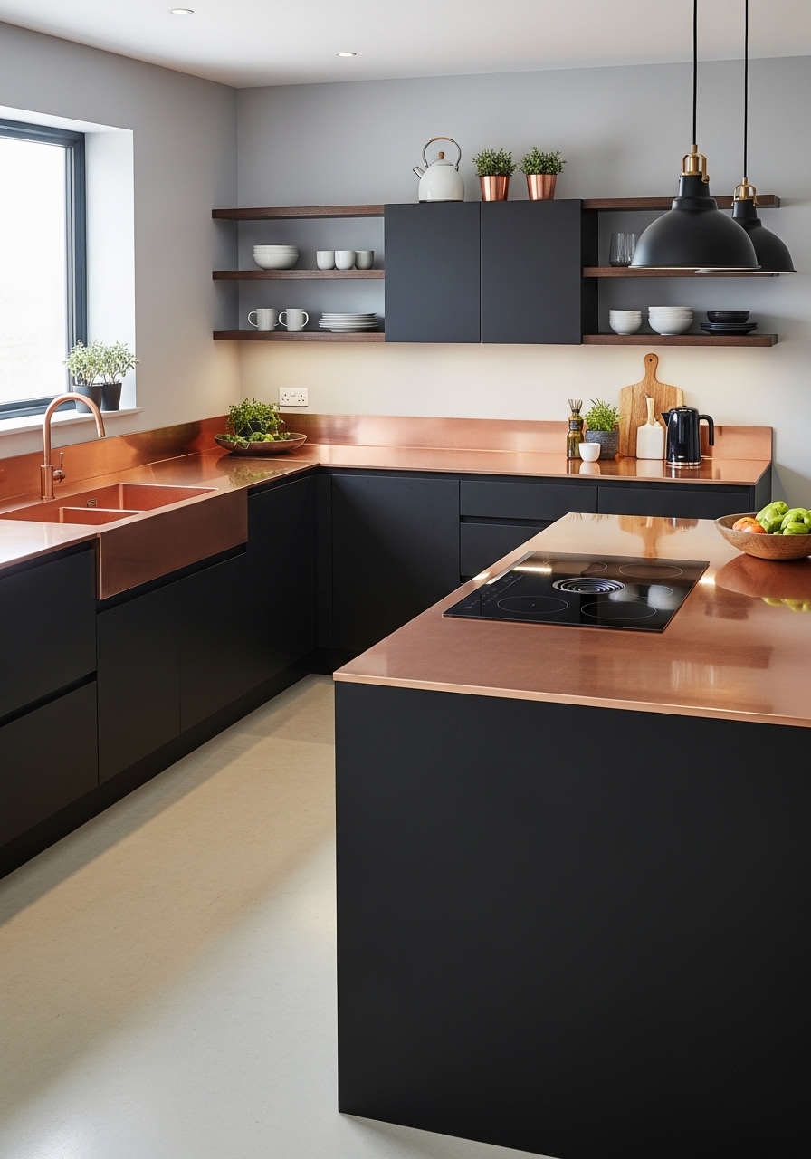 Matte Black Cabinets with Copper Countertops