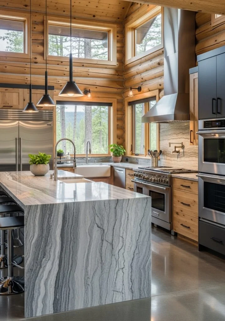 Modern Log Cabin Kitchen with Stone Waterfall Countertops