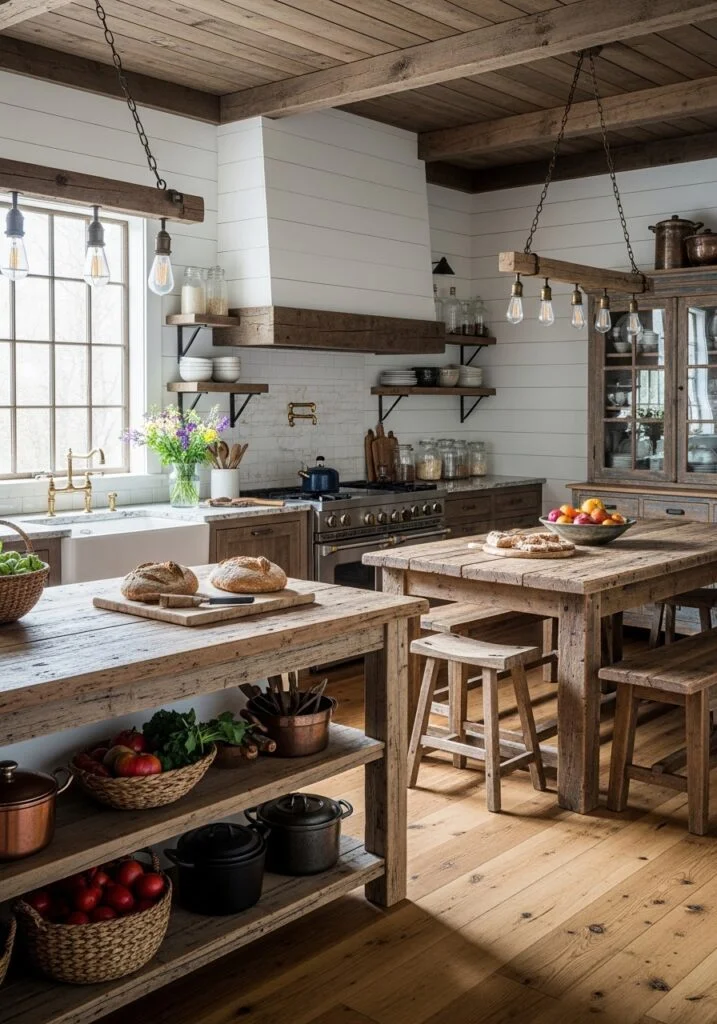 Rustic Farmhouse Kitchen with Reclaimed Wood Islands