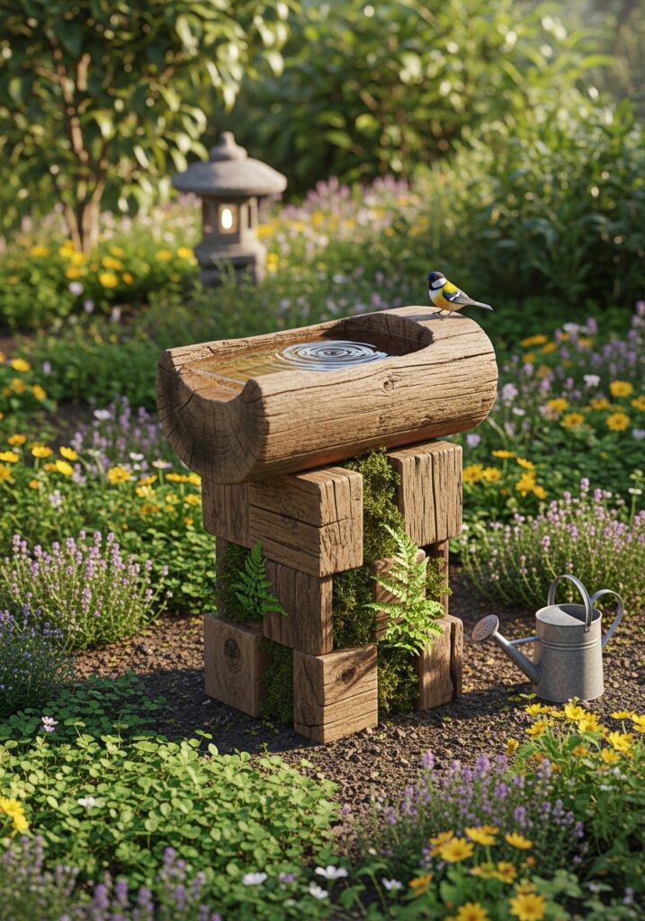 Rustic Wooden Bird Bath