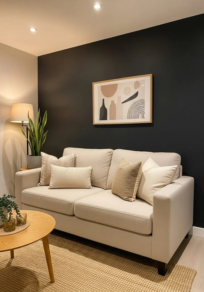 Small living room with matte black accent wall, beige fabric sofa
