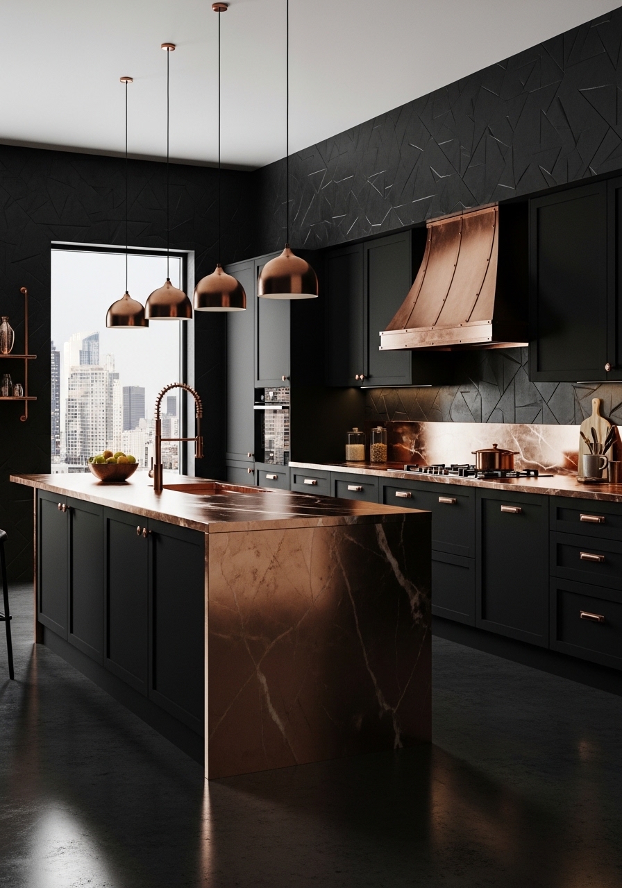 Textured Black Walls with Copper Details