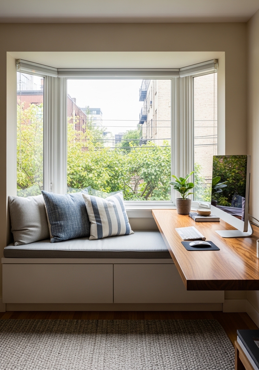 bay window bench desk in tiny living room