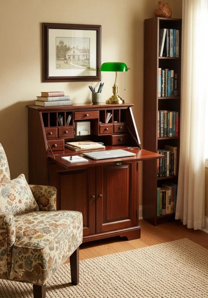 compact secretary desk open in tiny living room