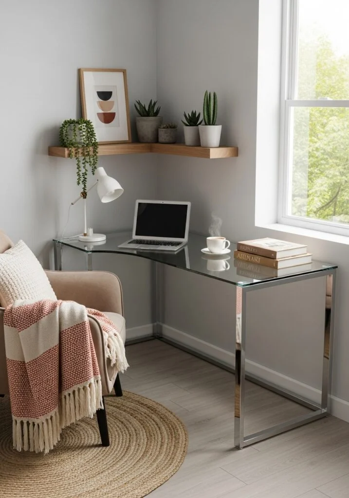glass desk in tiny living room workspace